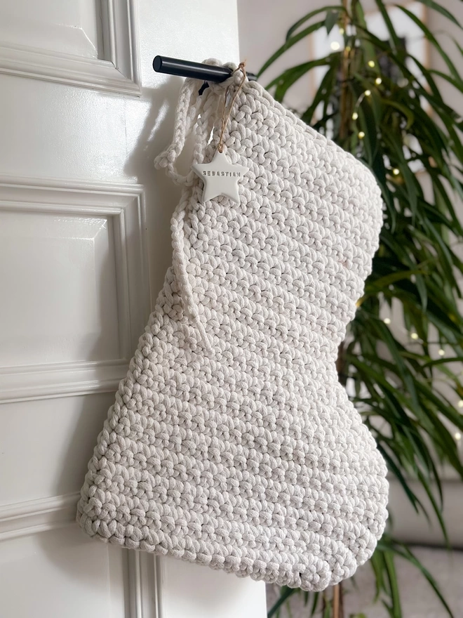 hand crocheted christmas stocking ecru