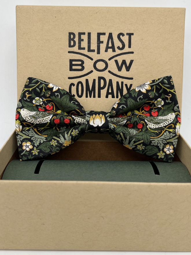 Dark Green Strawberry Thief Bow Tie handmade by the Belfast Bow Company