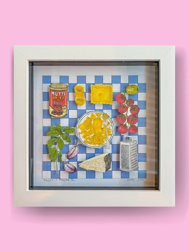 Colourful framed collage featuring Mediterranean food, with vibrant pasta dishes, tomatoes, and olive, cheese and basil set against a blue and white checkered backdrop. Perfect for adding a touch of Italian culinary charm 