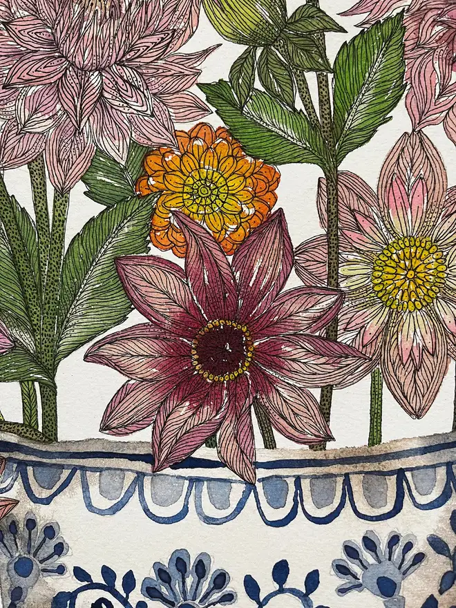'A Delightful Bunch Of Dahlias' A3 Giclee Art Print