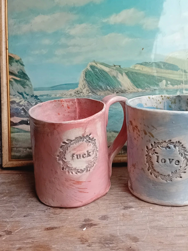 Personalised Stoneware Mug in pink with 'fuck' text