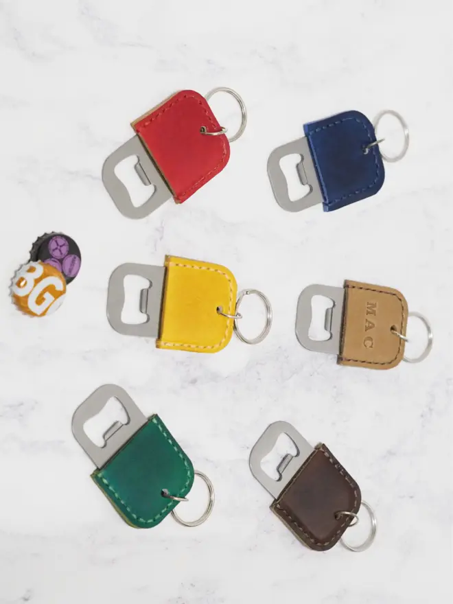 Colourful leather bottle opener key rings