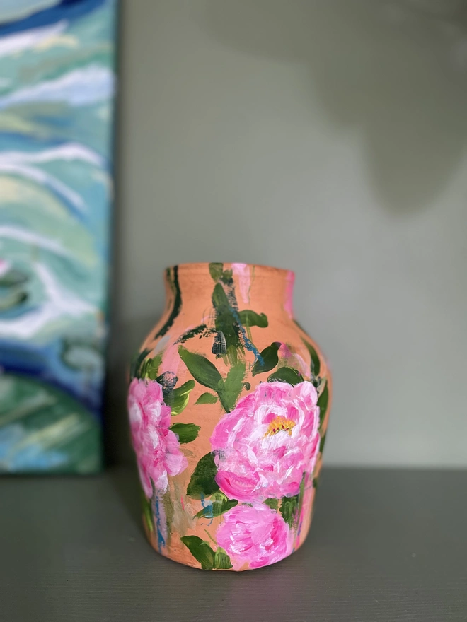hand thrown terracotta dried flower vase hand painted pink peony blooms