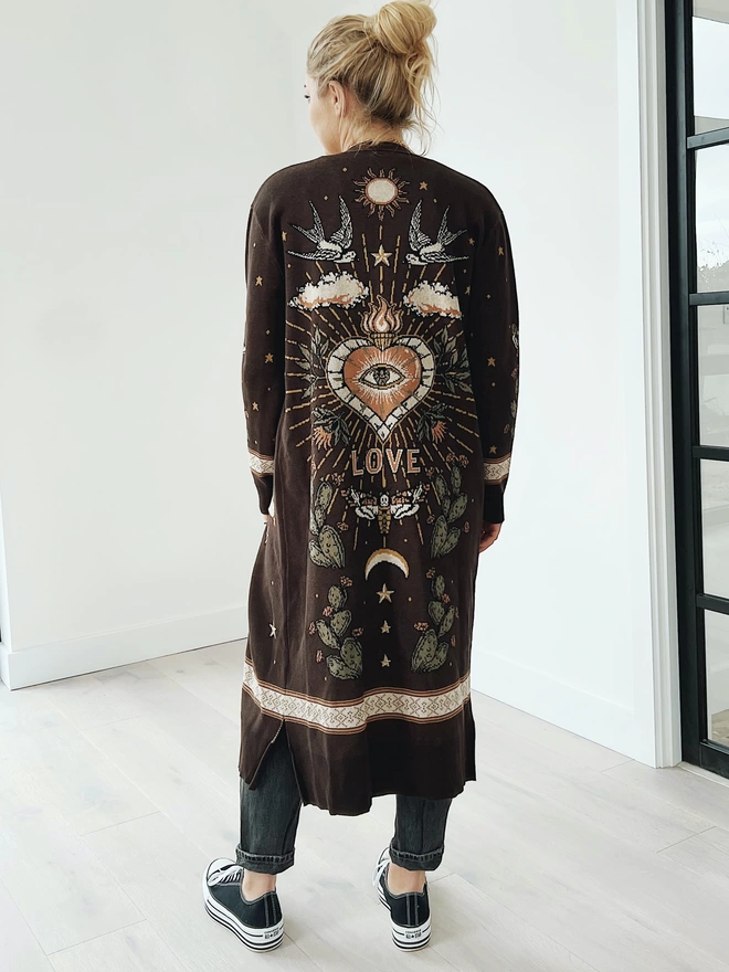 Dark brown jacquard knit cardigan