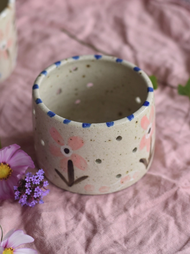 handmade floral tealight holder with pink flowers