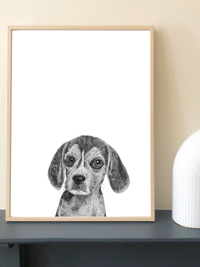 Art print of a hand drawn illustration of a beagle puppy displayed in a frame