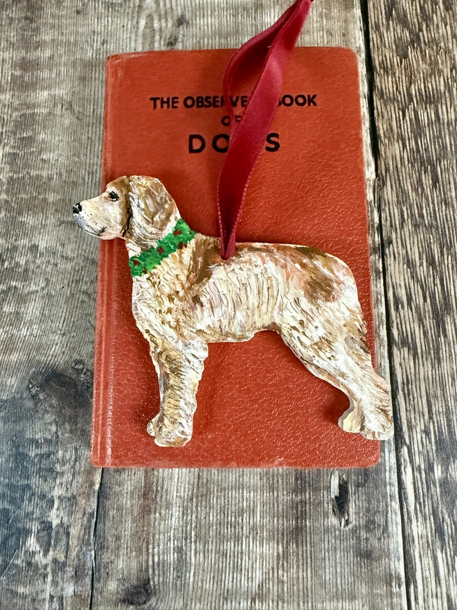 Hand painted Brittany Spaniel Dog Christmas decoration with red ribbon to hang 