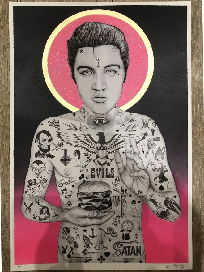 Elvis Burger King (Pink Glitter Halo) Print