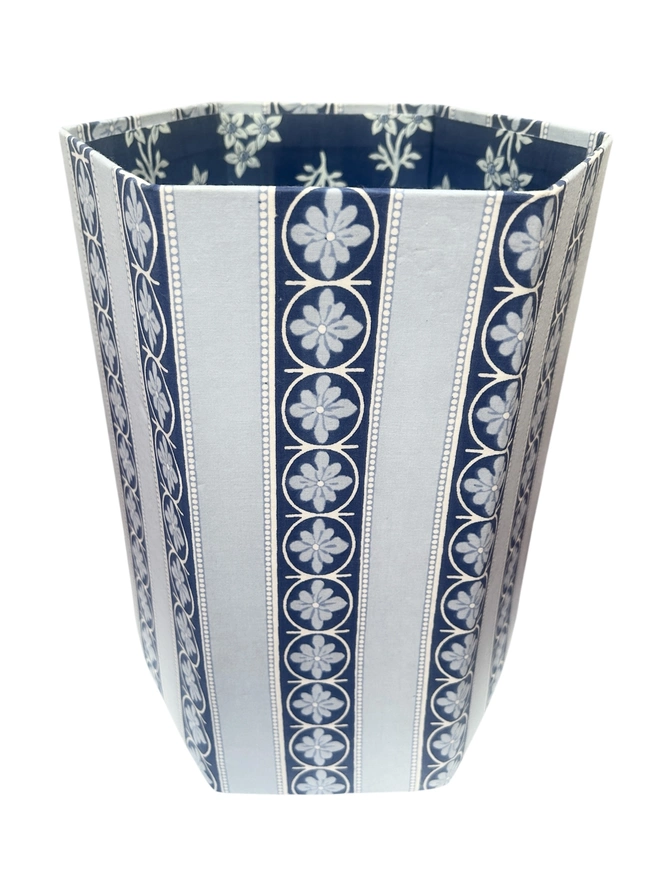 Blue flower stripe Hand block Printed waste paper bins foldable & come flat packed, handcrafted from 100% recycled cardboard by The Charpoy on a white back ground