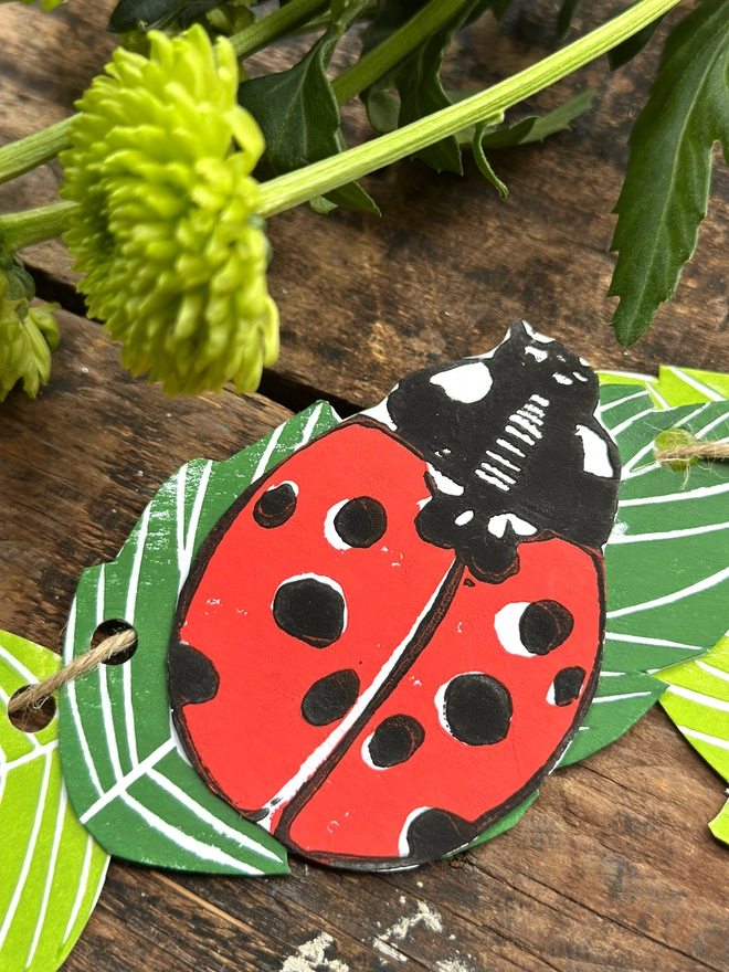 'Lucky Ladybird' Garland Hand Printed Nature Linocut Decor