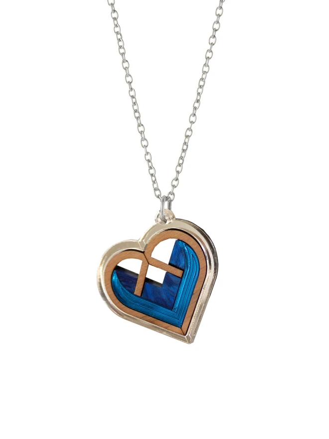blue and silver heart shape necklace