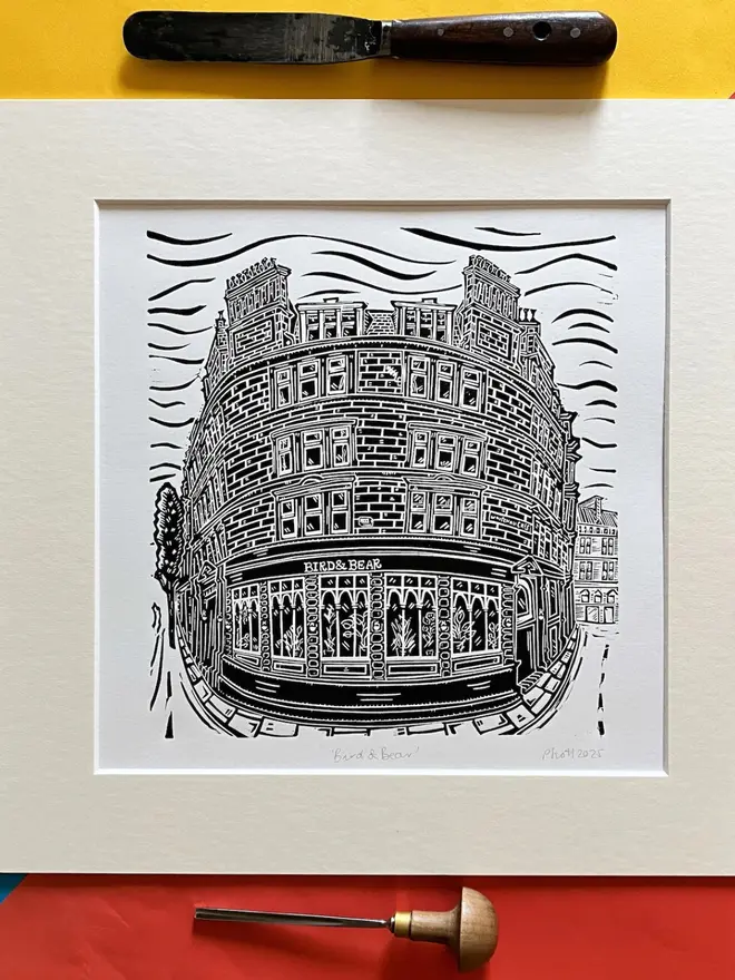 Bird & Bear. 12" x12" linocut print by Pamela Scott. Dundee. Pub. Restaurant. Whitehall Crescent. Dundee print. Dundee building. Dundee art.