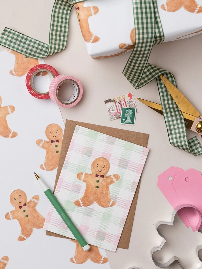 Gingerbread Man Gift Wrap and Matching Christmas Card