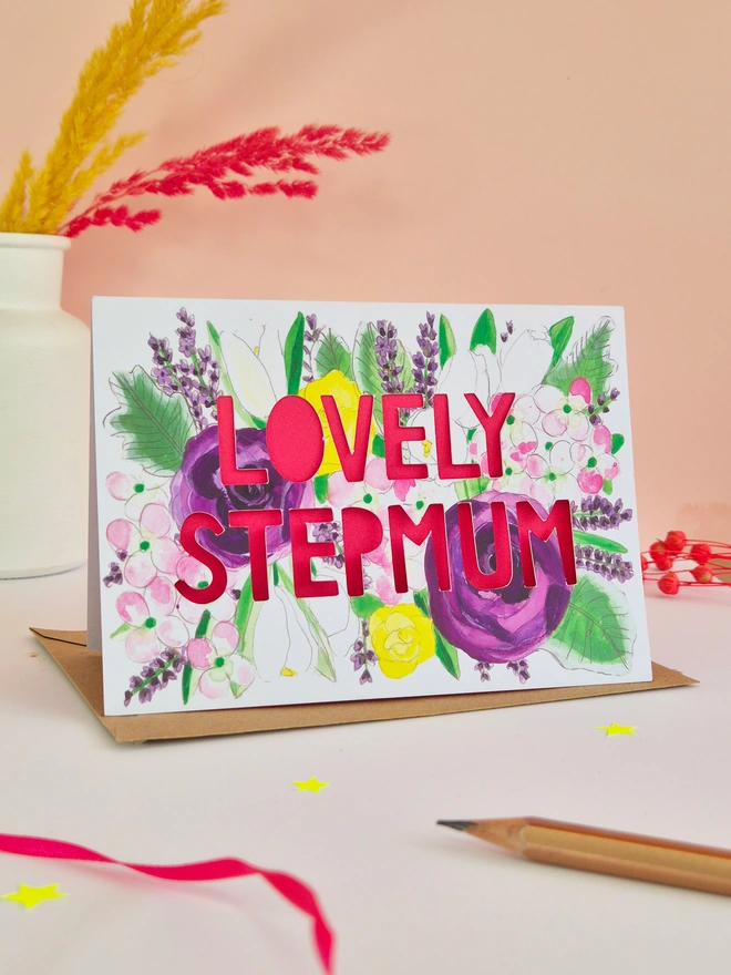 Floral illustration Card with lovely Stepmum paper cut text 