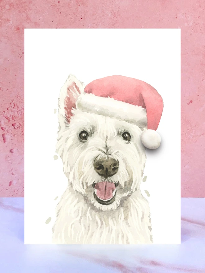 white westie dog santa hat christmas card