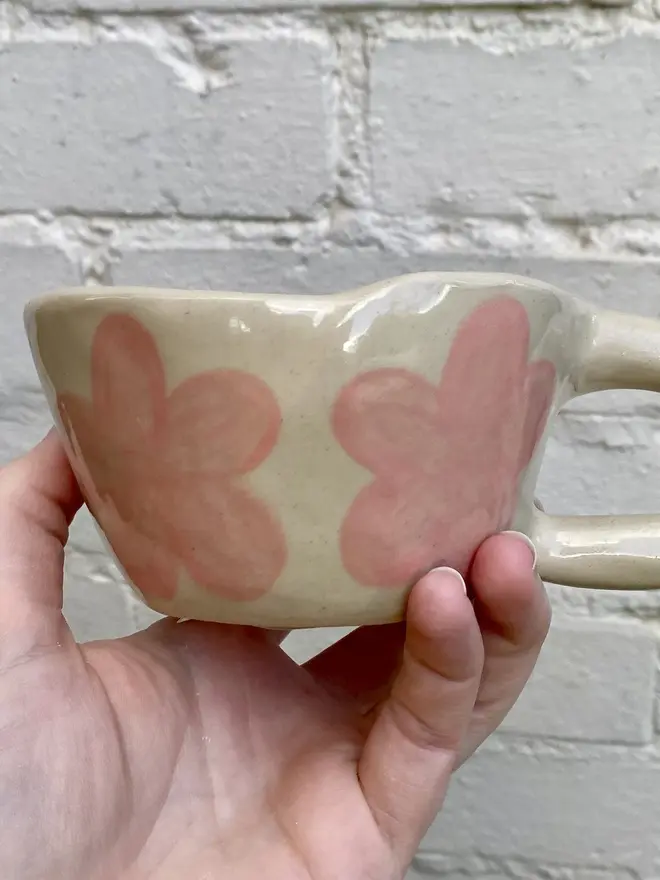 pink flower handmade ceramic smiley face mug