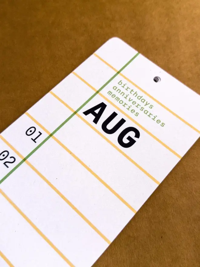 Closeup of Perpetual Squared: Birthday, Anniversary, Memory Tracker, showing month name in header