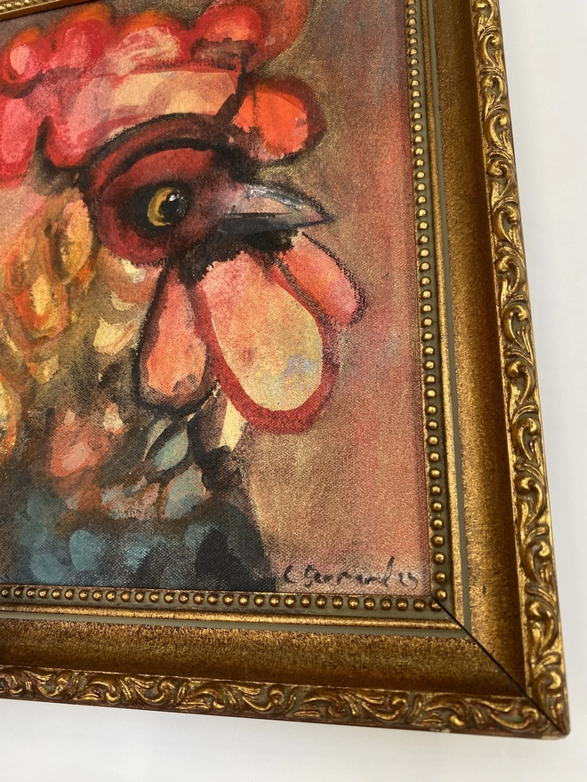 colonel cockerel painting in vintage frame detail 2