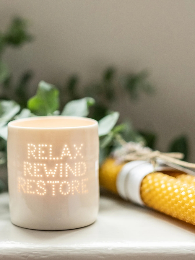 relax rewind restore self care mini porcelain tealight holder