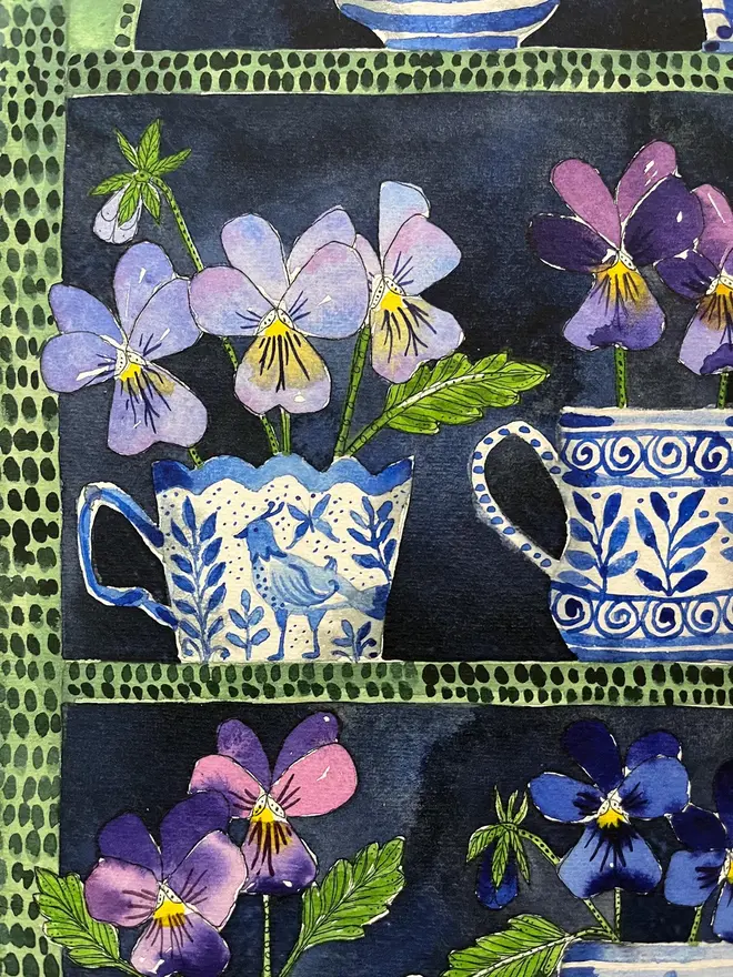 violas in delftware, ceramic cups & mugs print