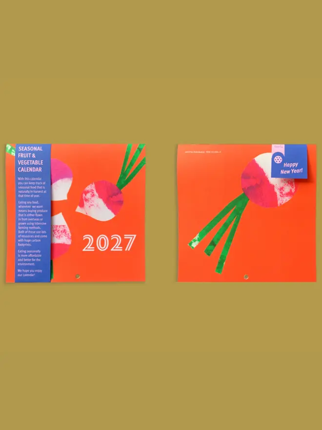 Seasonal Fruit & Vegetable 2027 Calendar, on a green background. 