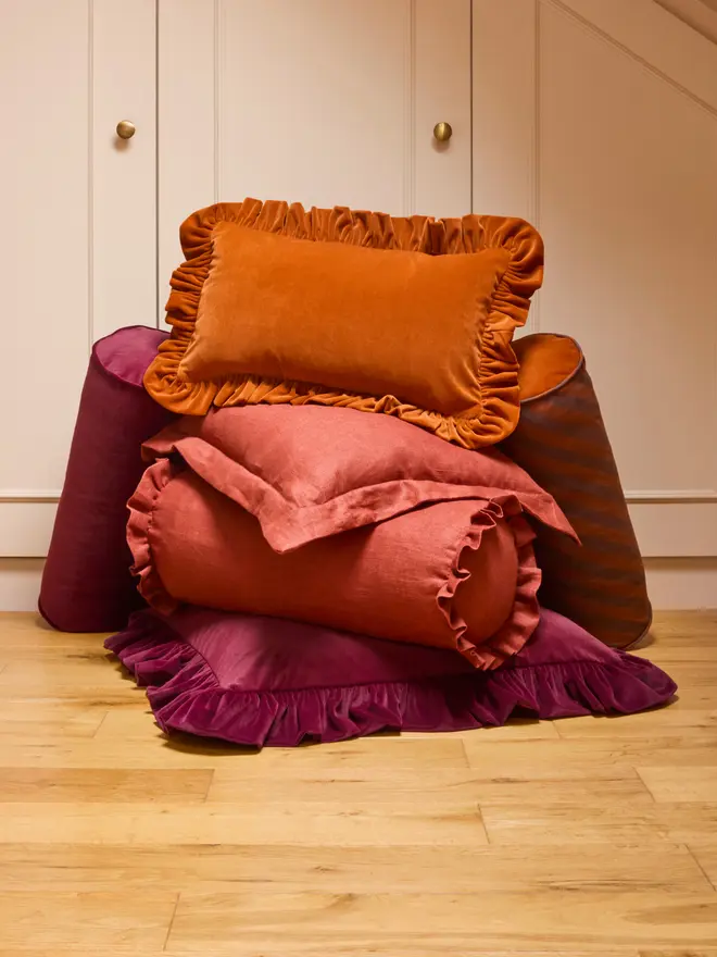 Handmade oversized ruffled velvet cushion 60x60cm with feather pad, multiple colours available, Kika Bespoke