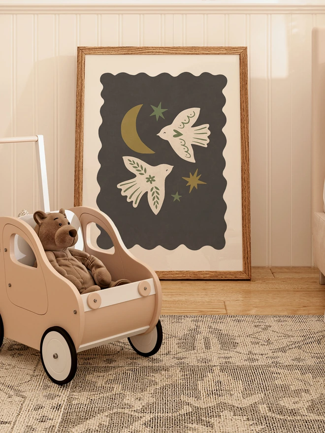 Ducks In A Row Scandi Bird Wall print in girls nursery bedroom