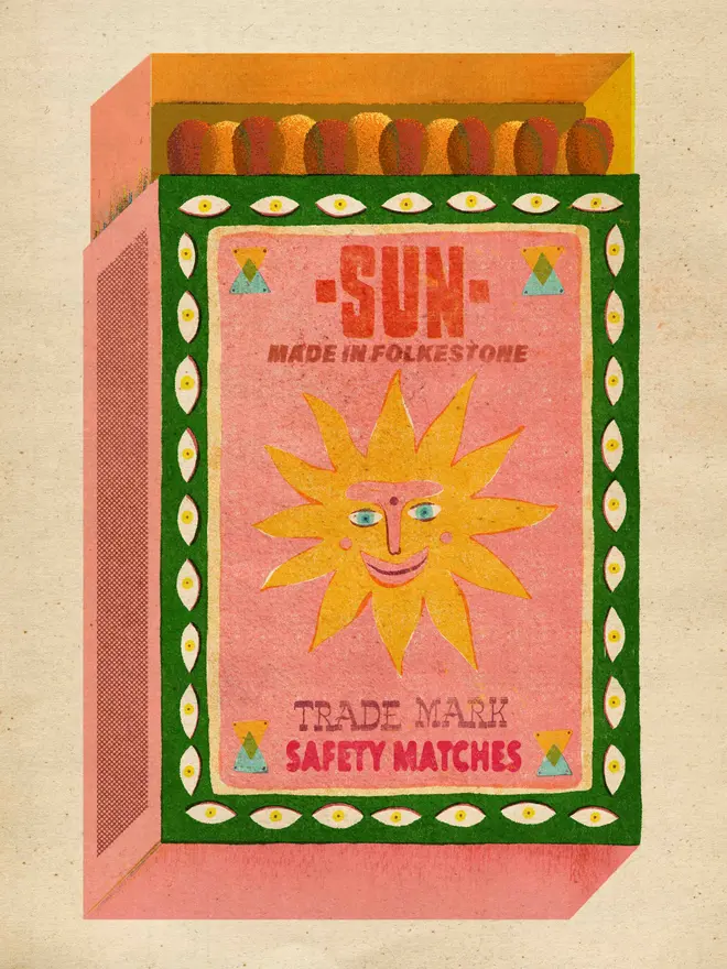 This is a vintage matchbox illustration created in Caridade's distinctive style, bright colours, patterns, distressed textures that give the image a retro feel and happy and friendly elements. The image depicts a sun smiling and it reads Sun, Made in Folkestone with Safety matches as the sub-text.