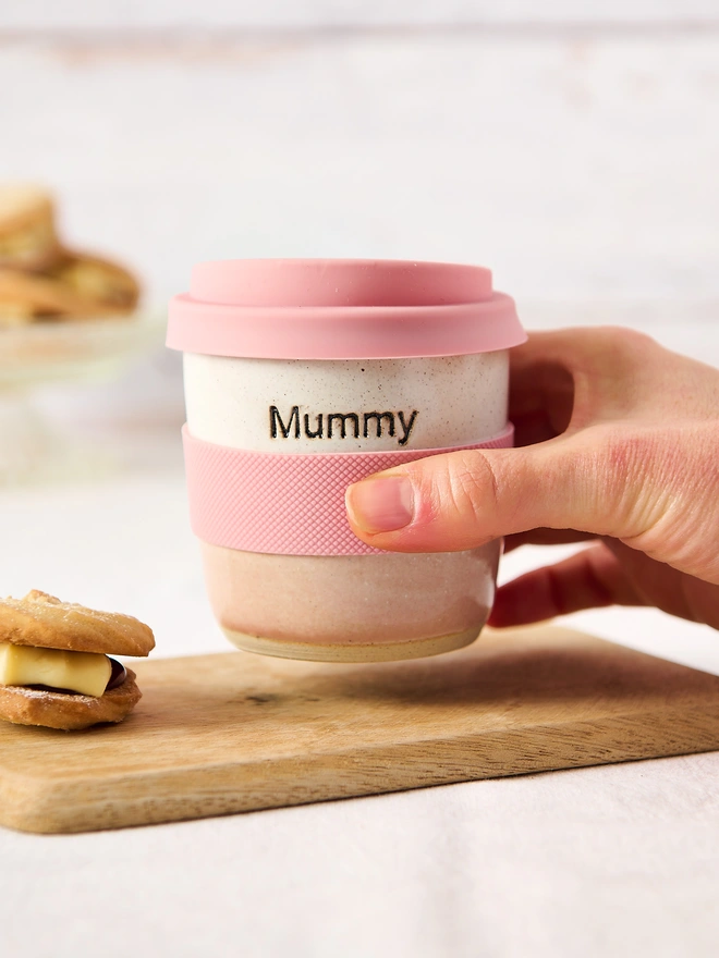 mummy personalised short ceramic pink travel mug