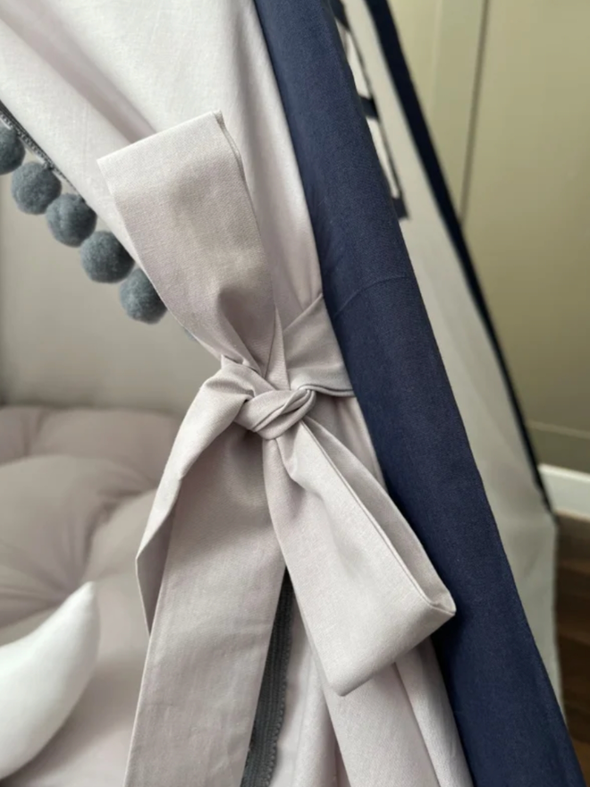 Personalised White, Light Grey and Navy Bunting Teepee. A teepee in a child’s bedroom.