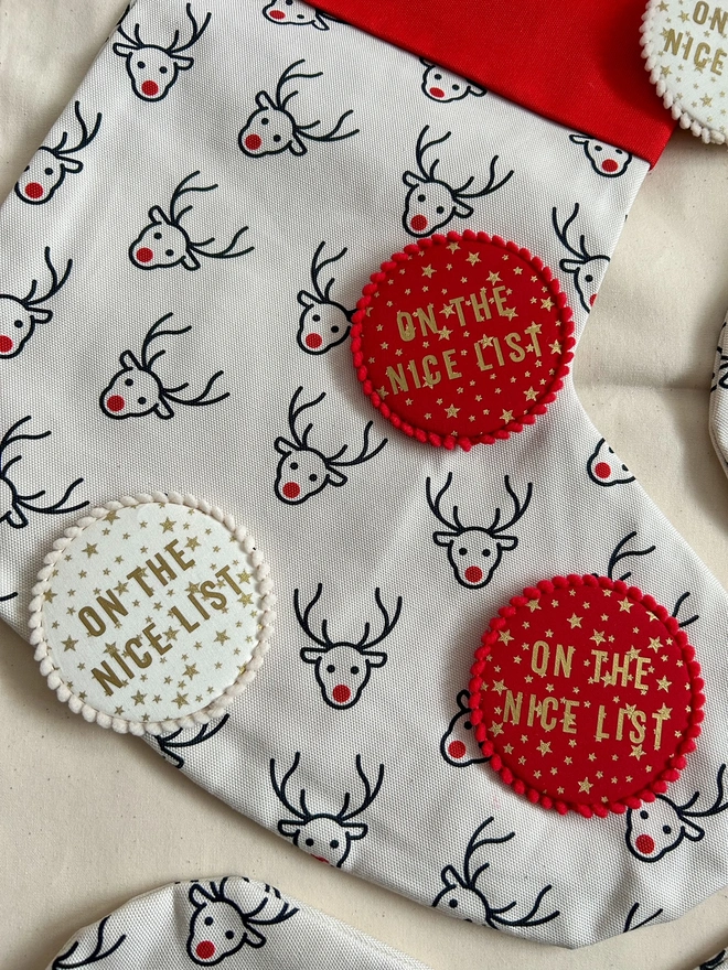 'On the Nice List' Red or Cream with gold stars Christmas Badge