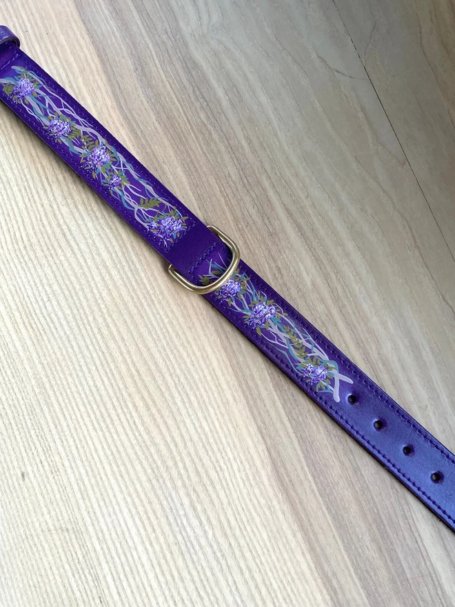 purple hand painted floral leather dog collar