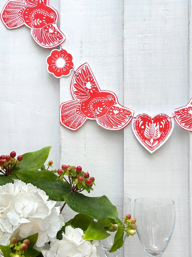 Robin Linocut Garland, Hand Printed Traditional Folk Art Decoration