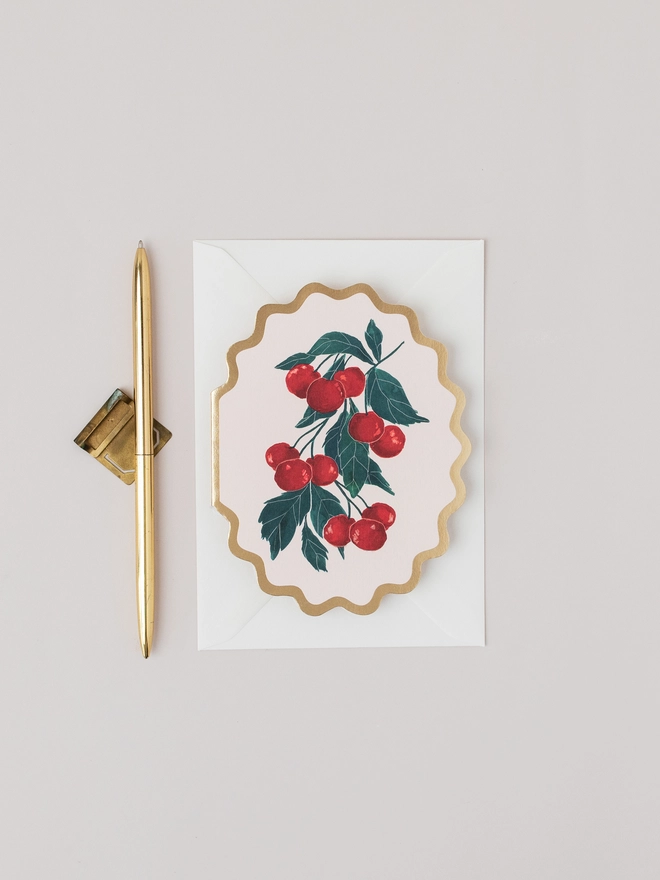 CHERRIES BOTANICAL FRUIT SCALLOP DIE CUT CARD