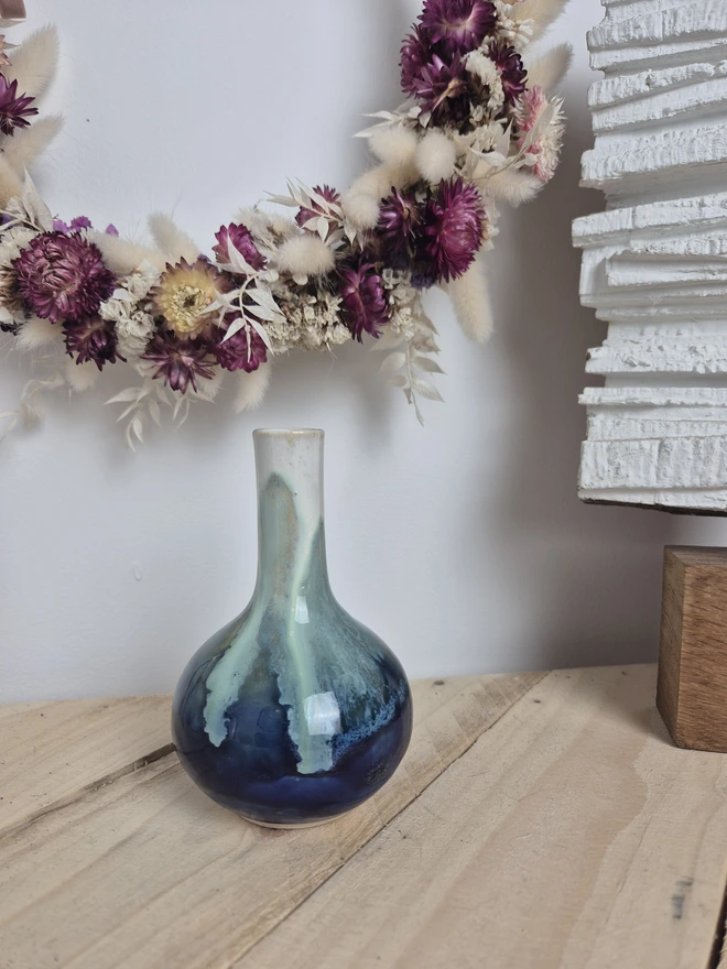 Bud vase, Ceramic vase, small vase, mini vase, ceramic gift, Jenny Hopps Pottery, Green, blue and white