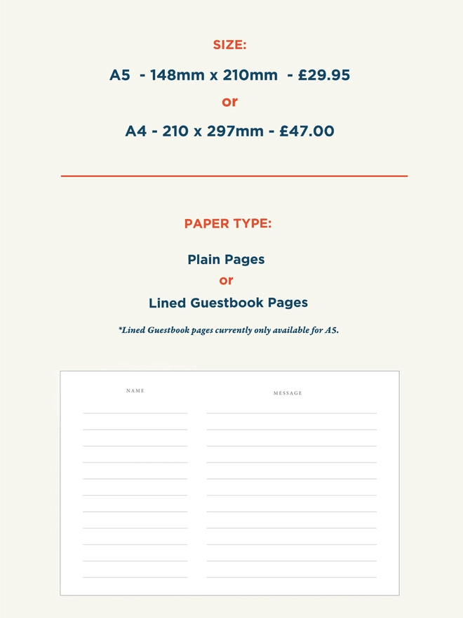 Personalised Baby Shower Guestbook. A diagram with the two sizes of books available, a5 and a4, and the types of paper available, plain and lined