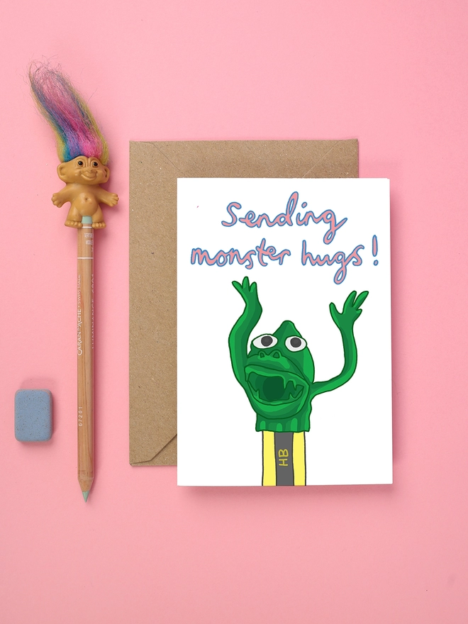 Retro 1980s card featuring a monsters pencil topper