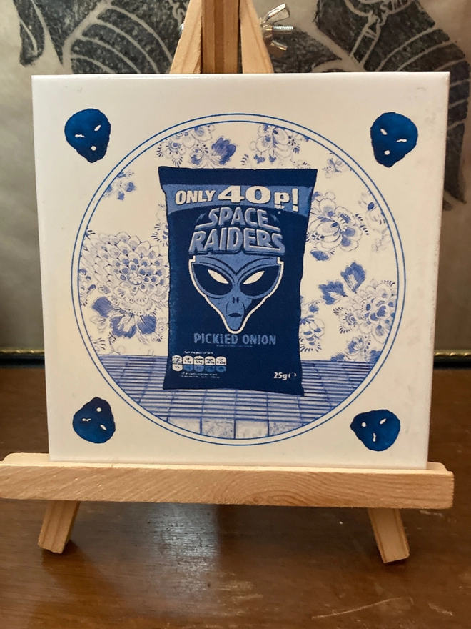 Tile, ceramic tile, space raiders, hand printed, Haus of Lucy, Delft style