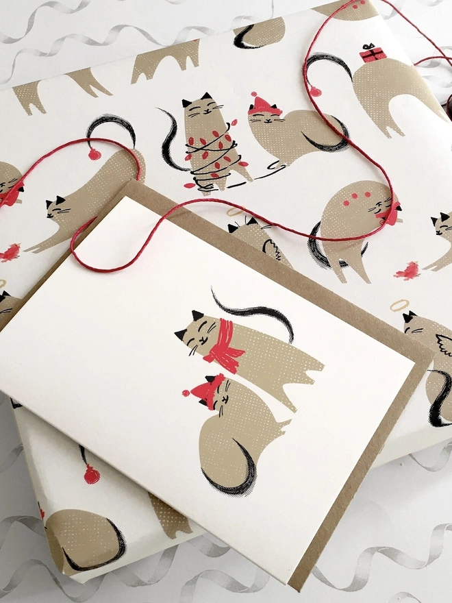 Cat Christmas Card And Gift Wrap Bundle