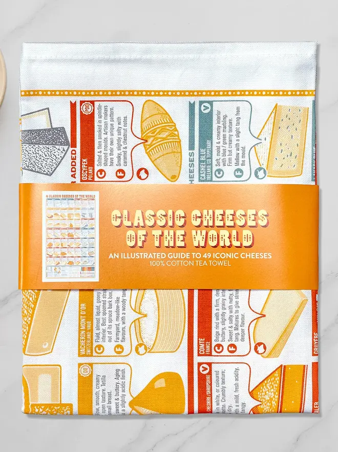 Classic Cheeses Of The World Tea Towel, against a grey background. 