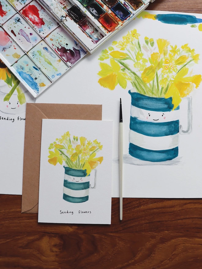 Sending Flowers Daffodils in a Striped Jug Greeting Card 