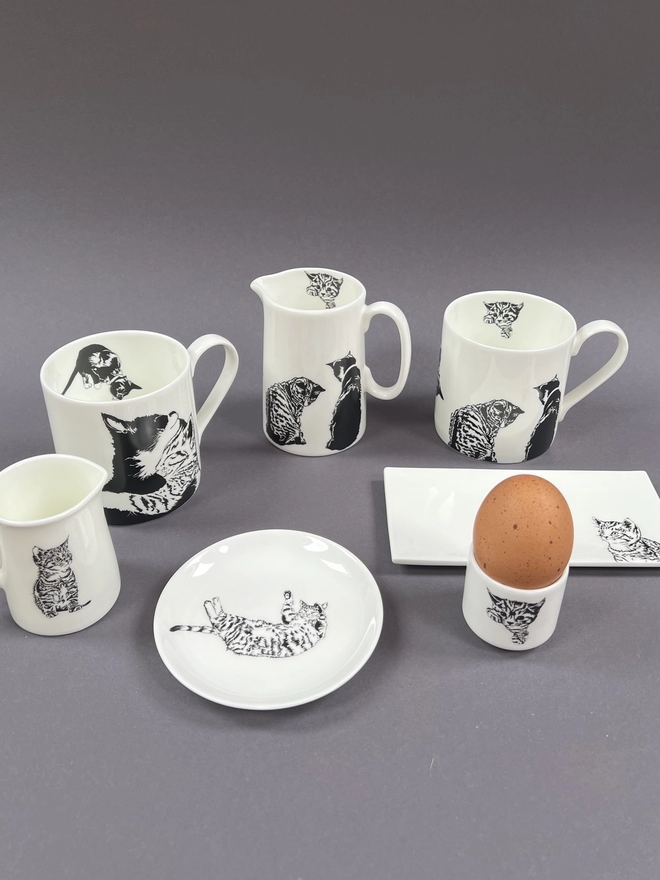 Pussycat complementary products including round and rectangle trinket trays, quarter and half pint jugs, egg cup and mug that are great for house warming,wedding and anniversary gifts