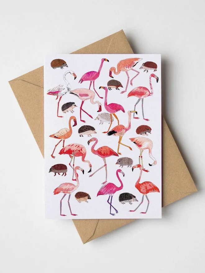 Flamingos and Hedgehogs Greeting Card