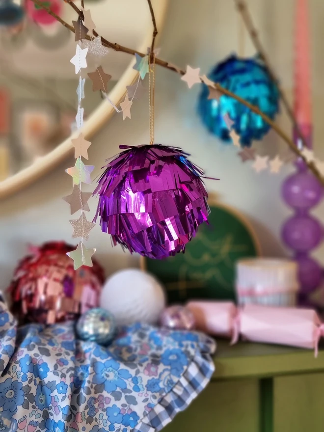 Purple pinata fringed metallic christmas bauble