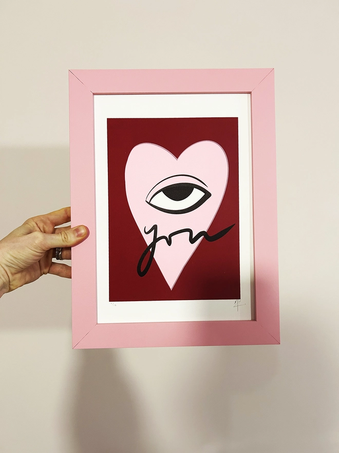 Eye Love You, Screen Printed by Hannah Carvell, Pink, Burgundy