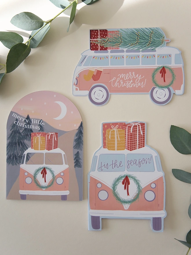 Illustrated festive camper van cutout Christmas card 