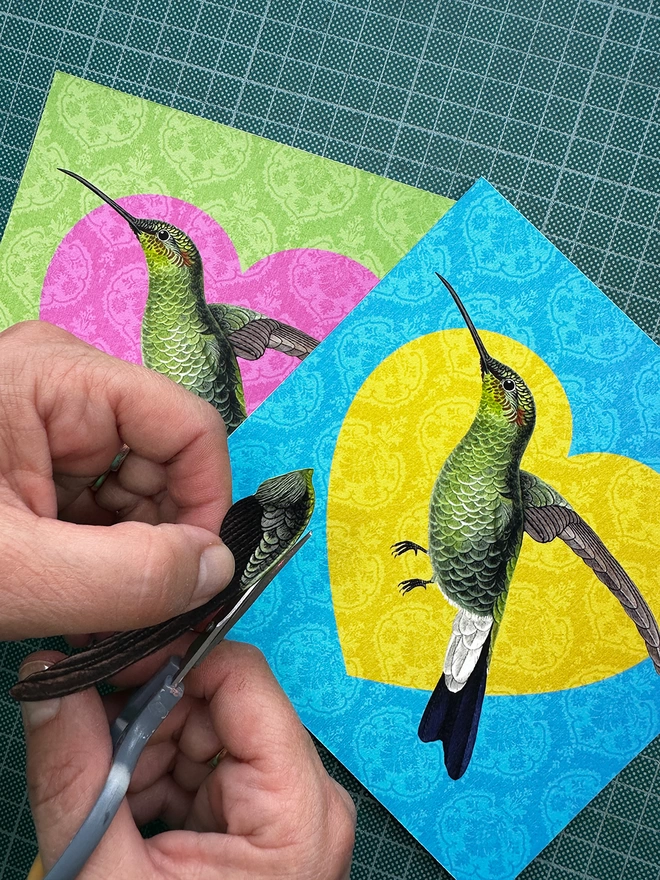 Hand cutting the wings for hummingbird print