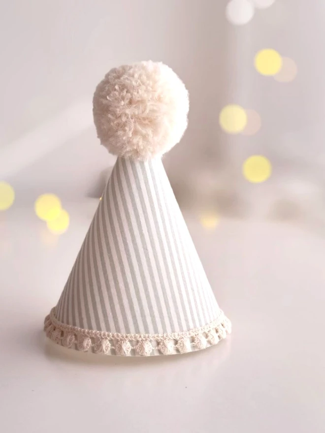 Birthday Party Hat Sage Green And White Pinstripe