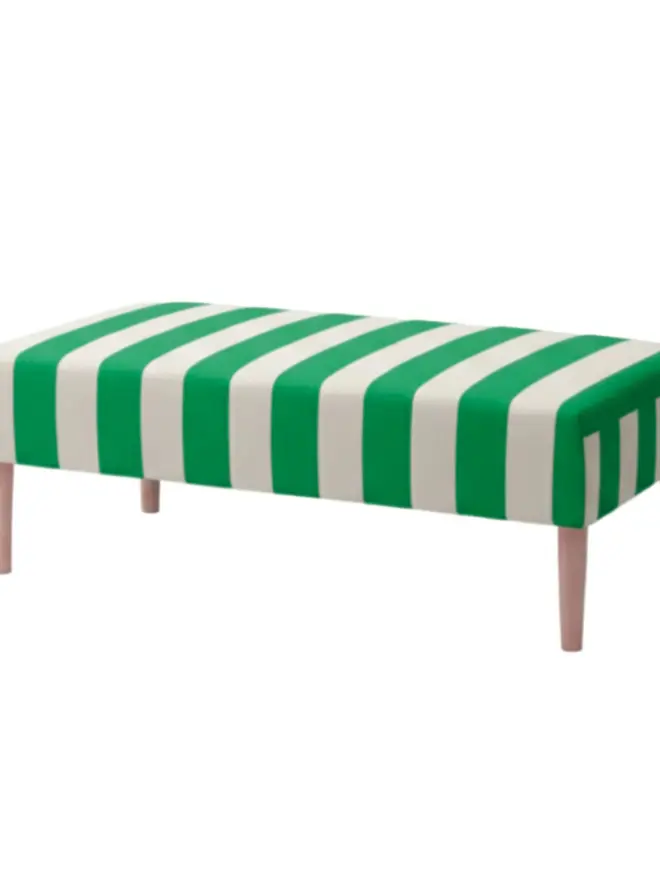 Hand Painted Upholstered Striped Linen Coffee Table Ottoman, moss green coffee table sitting against a white backdrop. 