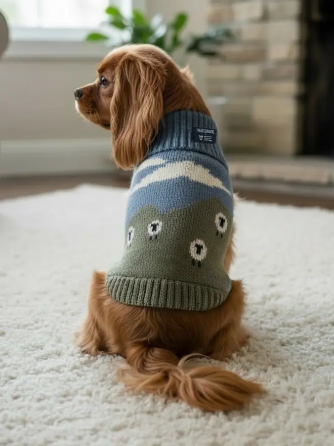 King Charles dog in a sheep wool dog jumper